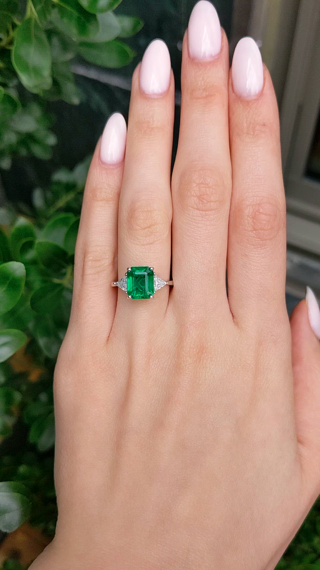 3.17 Ct. Emerald and Natural Diamond Three Stone Ring, 18K White Gold Size Video