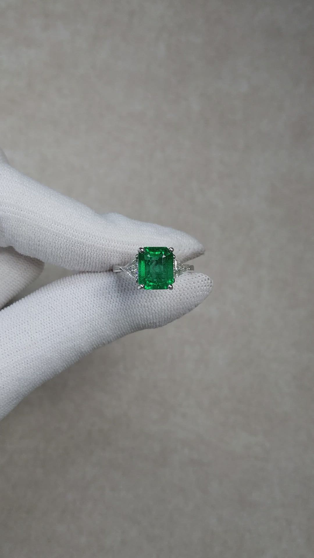 3.17 Ct. Emerald and Natural Diamond Three Stone Ring, 18K White Gold Size Video