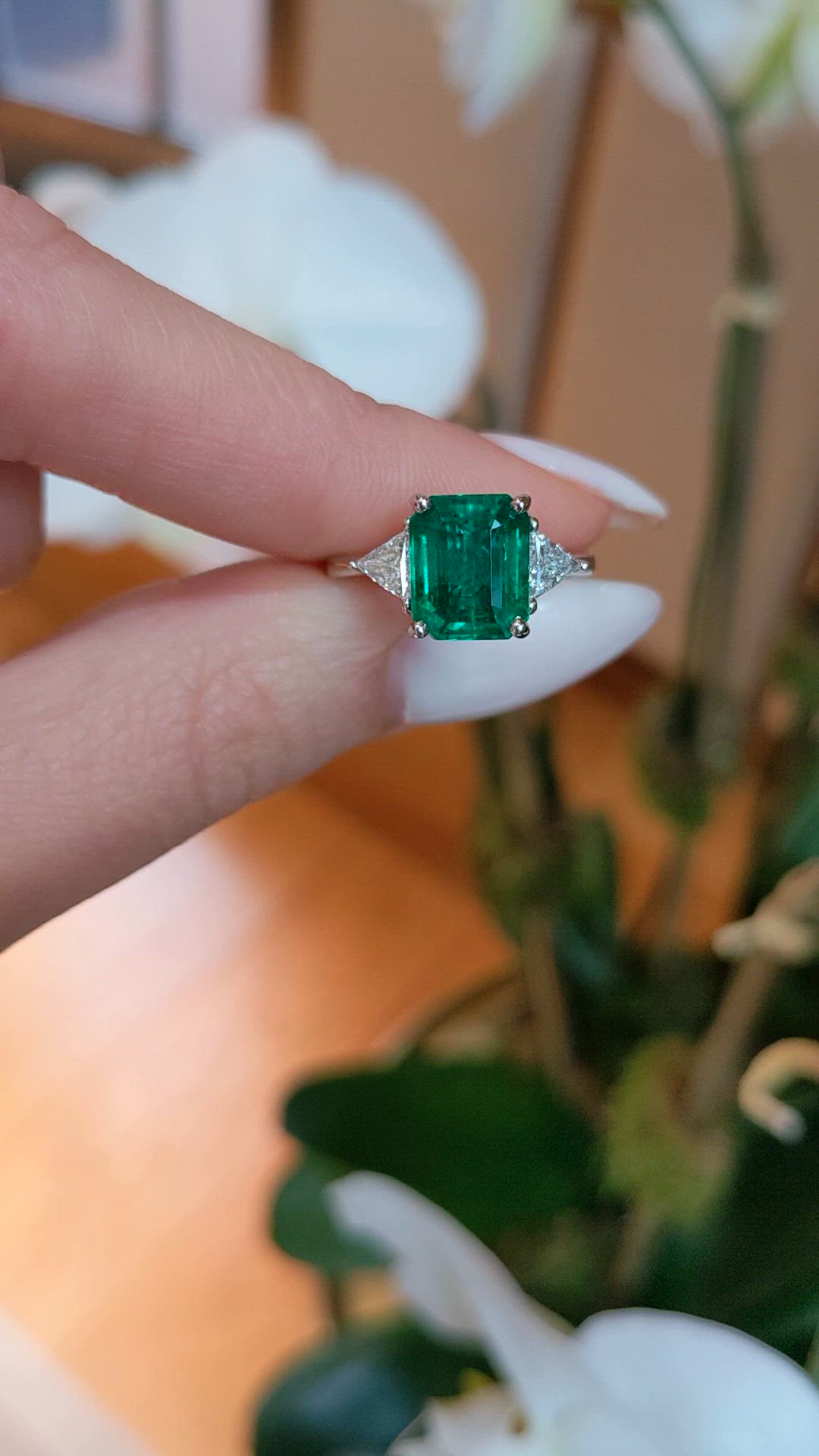 3.17 Ct. Emerald and Natural Diamond Three Stone Ring, 18K White Gold Size Video