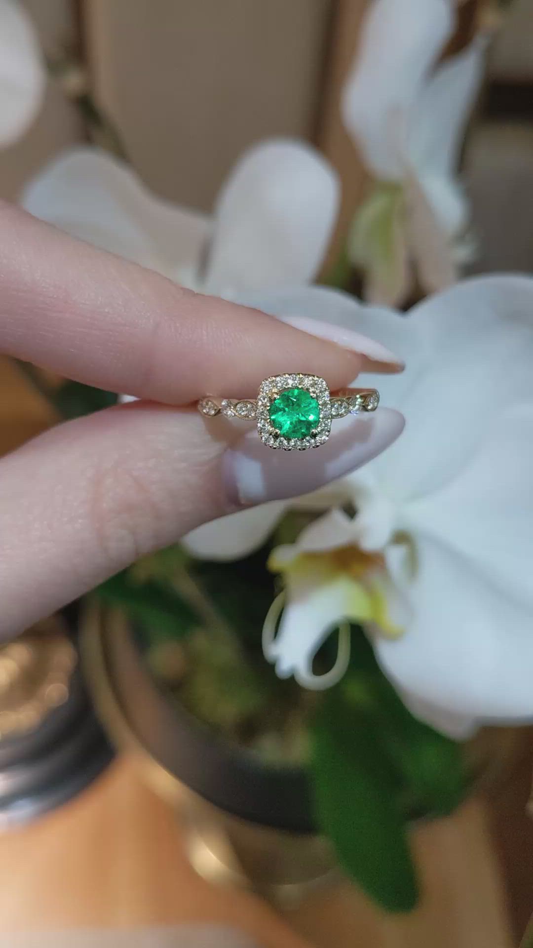 0.40 Ct. Emerald and Natural Diamond Pave Ring, 14K Yellow Gold Size Video