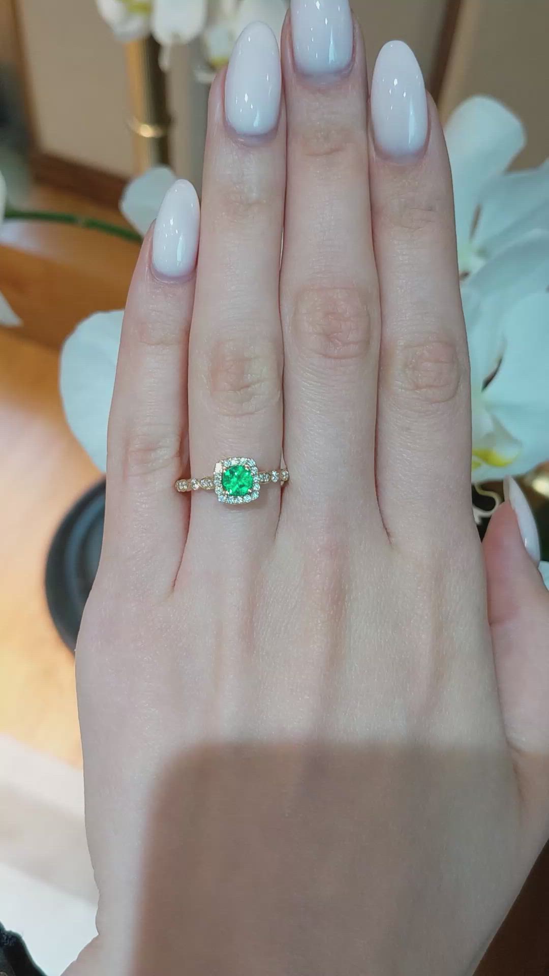 0.40 Ct. Emerald and Natural Diamond Pave Ring, 14K Yellow Gold Size Video