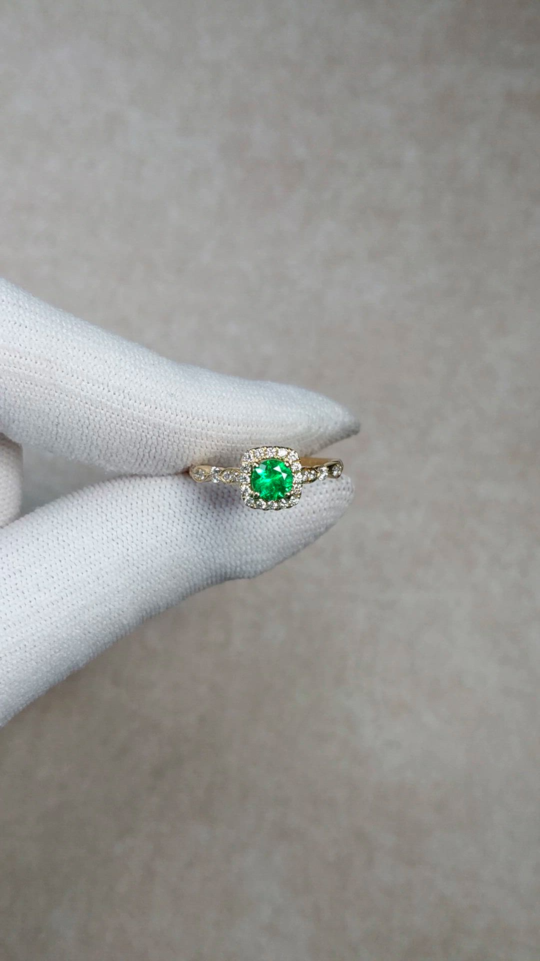 0.40 Ct. Emerald and Natural Diamond Pave Ring, 14K Yellow Gold Size Video