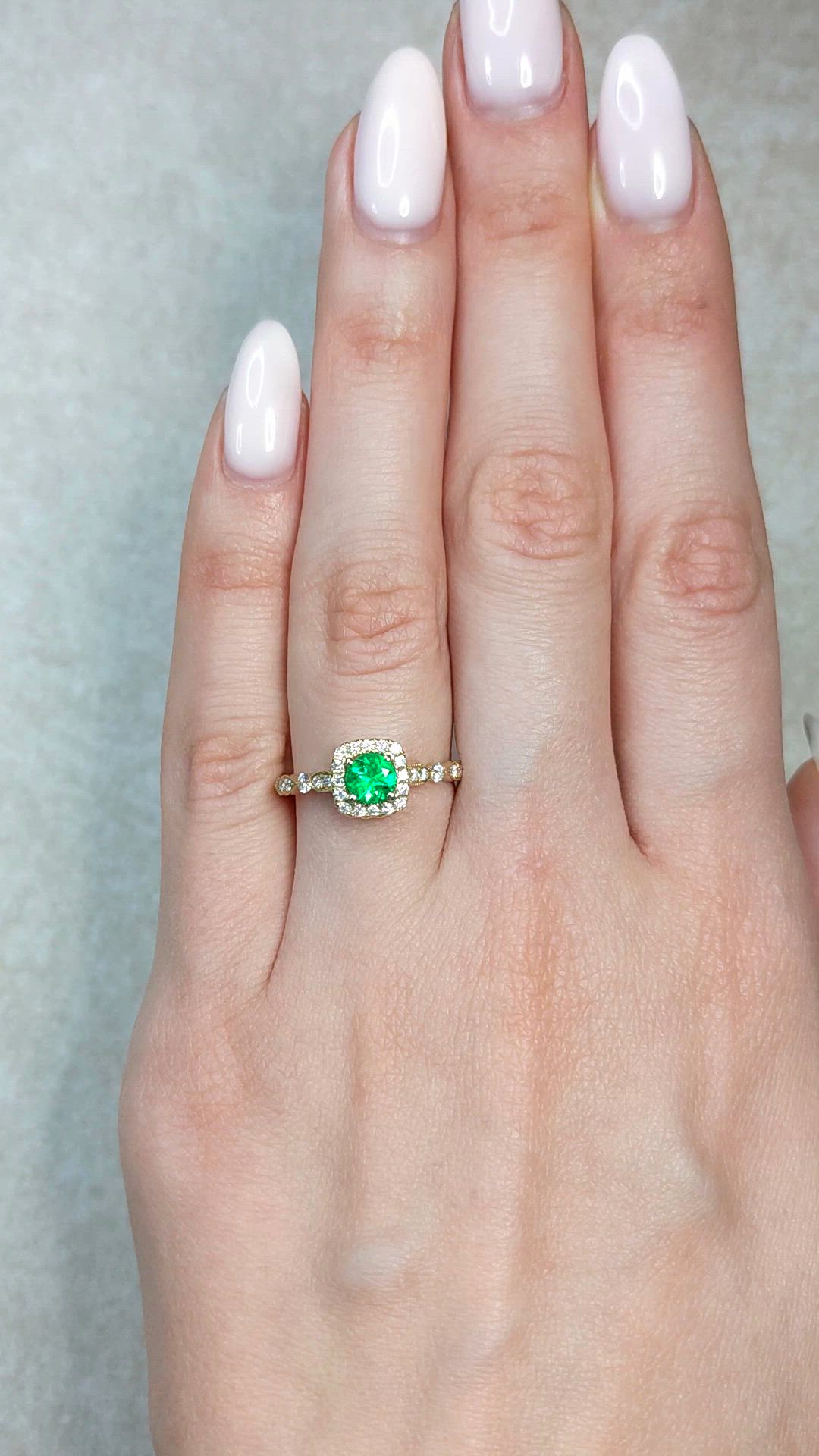 0.40 Ct. Emerald and Natural Diamond Pave Ring, 14K Yellow Gold Size Video