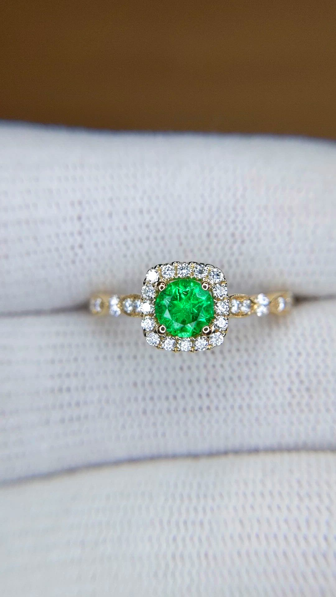 0.40 Ct. Emerald and Natural Diamond Pave Ring, 14K Yellow Gold Size Video