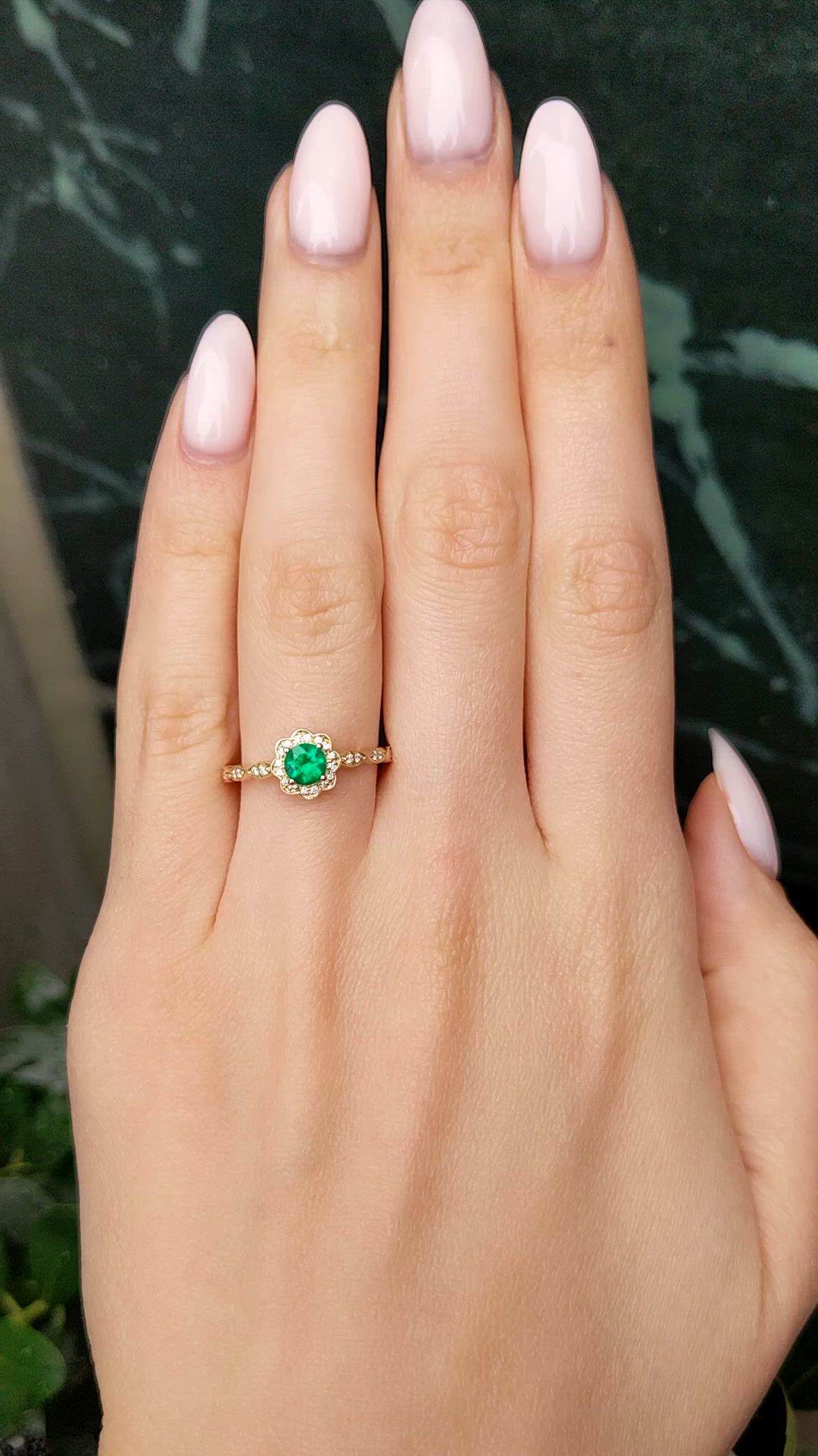 0.32 Ct. Emerald and Natural Diamond Pave Ring, 14K Yellow Gold Size Video