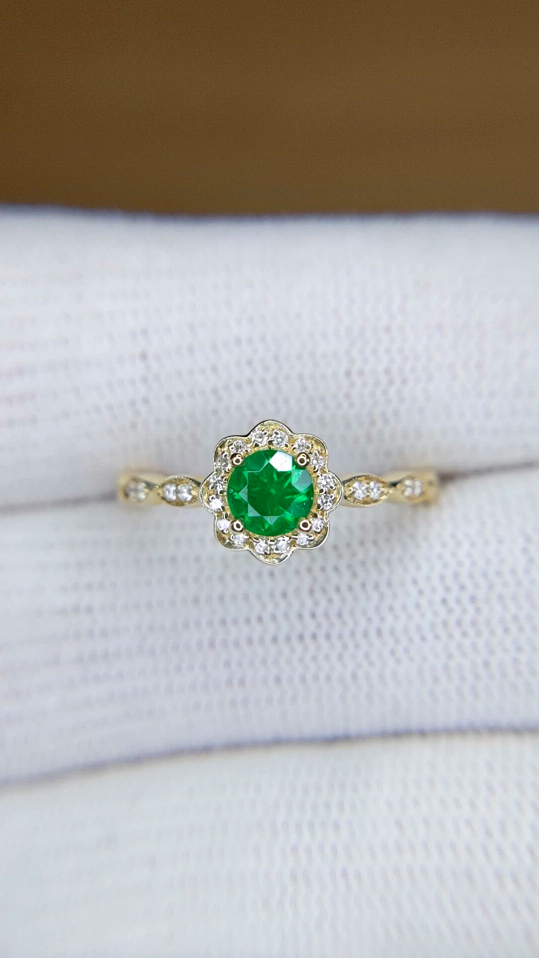 0.32 Ct. Emerald and Natural Diamond Pave Ring, 14K Yellow Gold Size Video