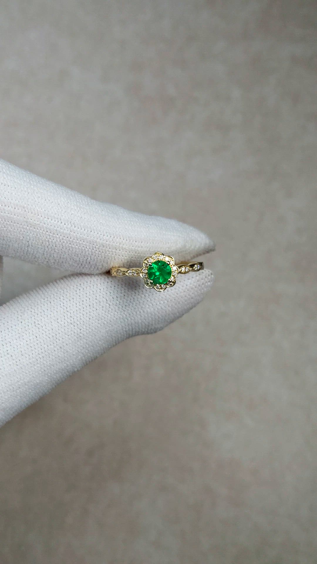 0.32 Ct. Emerald and Natural Diamond Pave Ring, 14K Yellow Gold Size Video