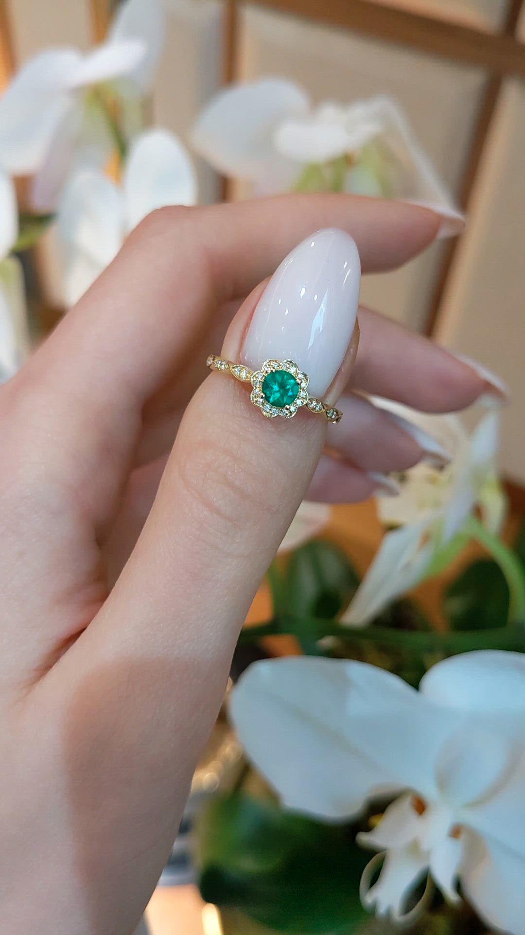 0.32 Ct. Emerald and Natural Diamond Pave Ring, 14K Yellow Gold Size Video