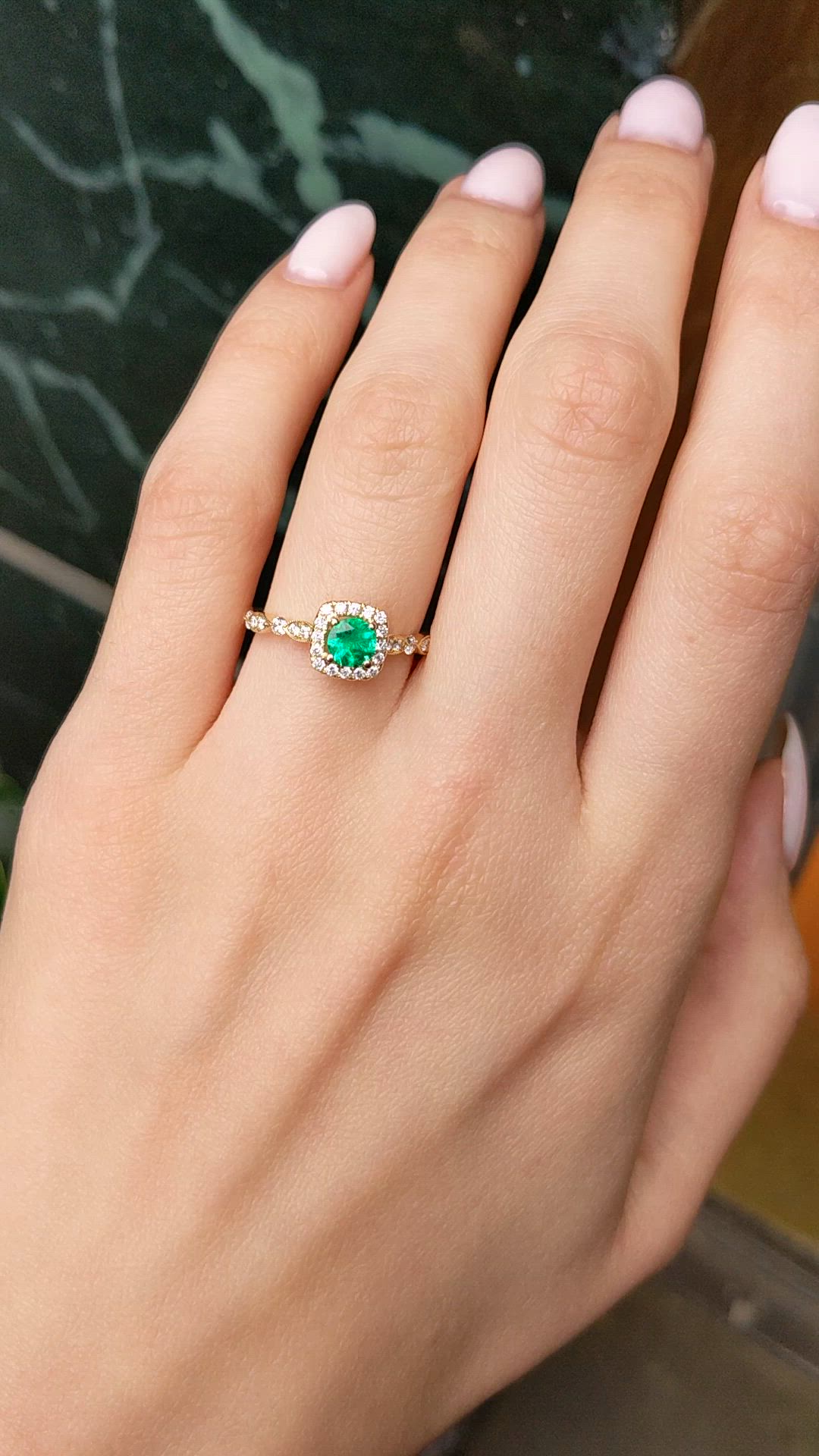 0.32 Ct. Emerald and Natural Diamond Pave Ring, 14K Yellow Gold Size Video