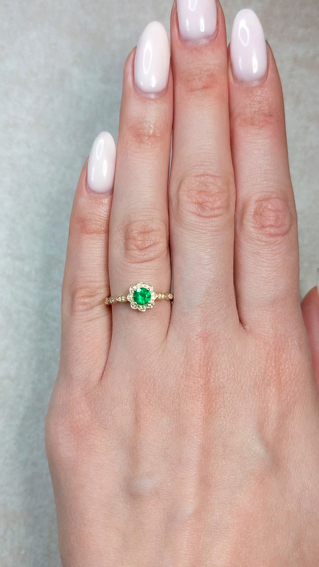 0.32 Ct. Emerald and Natural Diamond Pave Ring, 14K Yellow Gold Size Video