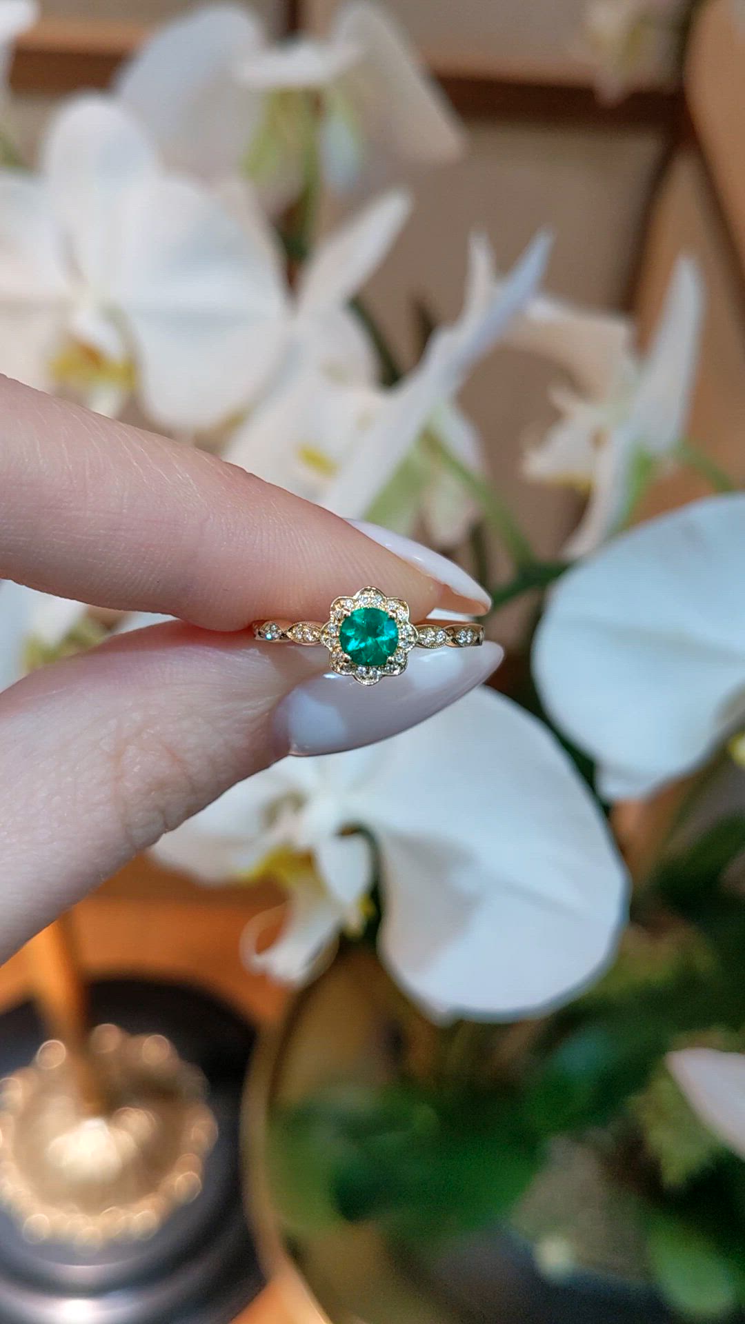 0.32 Ct. Emerald and Natural Diamond Pave Ring, 14K Yellow Gold Size Video