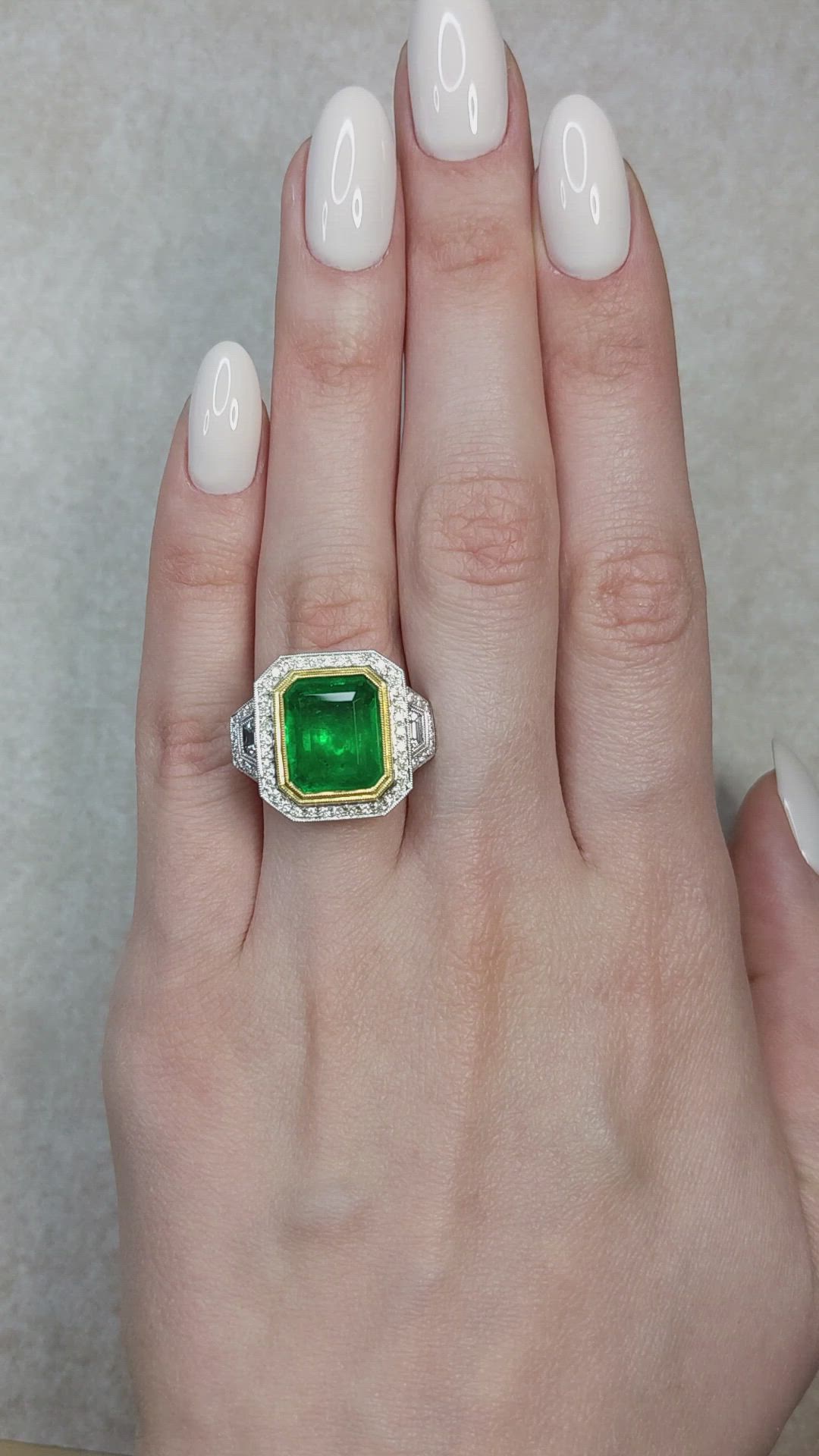7.28 Ct. Emerald and Natural Diamond Pave Ring, 18K White & Yellow Size Video