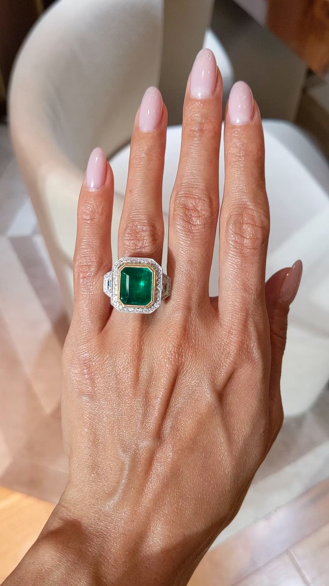 7.28 Ct. Emerald and Natural Diamond Pave Ring, 18K White & Yellow Size Video