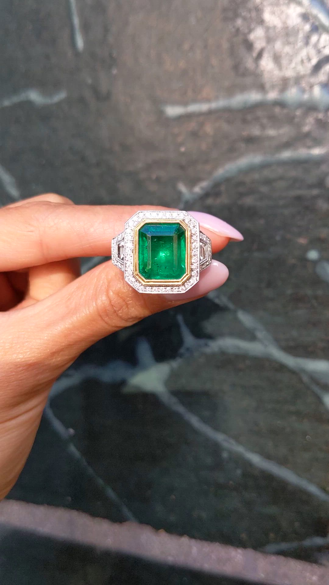 7.28 Ct. Emerald and Natural Diamond Pave Ring, 18K White & Yellow Size Video