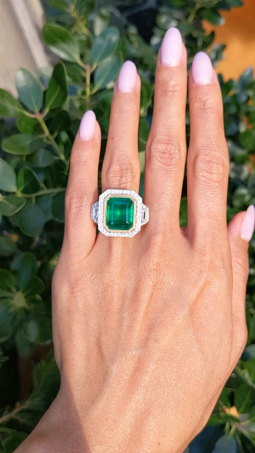 7.28 Ct. Emerald and Natural Diamond Pave Ring, 18K White & Yellow Size Video