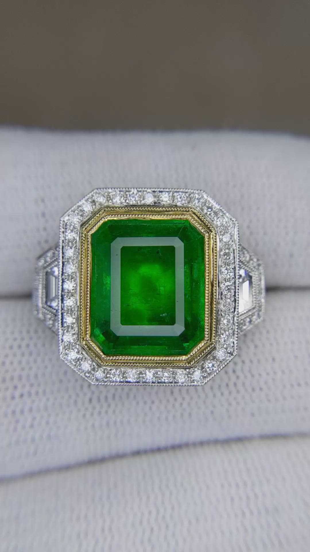 7.28 Ct. Emerald and Natural Diamond Pave Ring, 18K White & Yellow Size Video