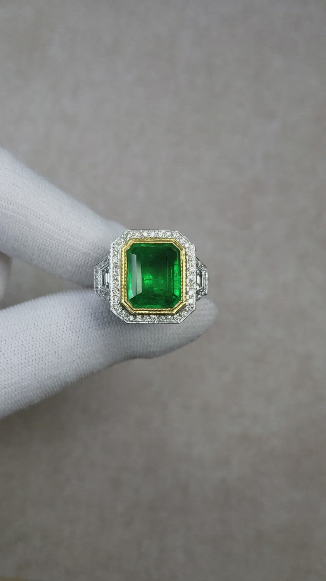 7.28 Ct. Emerald and Natural Diamond Pave Ring, 18K White & Yellow Size Video