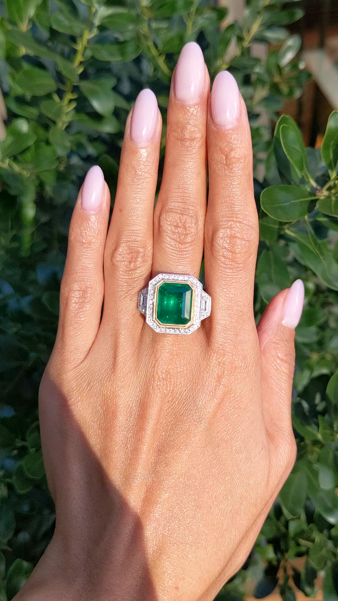 7.28 Ct. Emerald and Natural Diamond Pave Ring, 18K White & Yellow Size Video