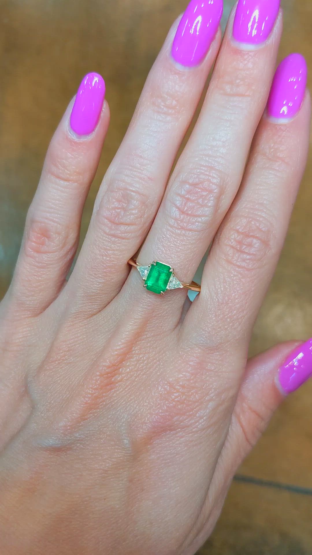 0.83 Ct. Emerald Natural Diamond Three Stone Ring, 14K Yellow Gold Size Video