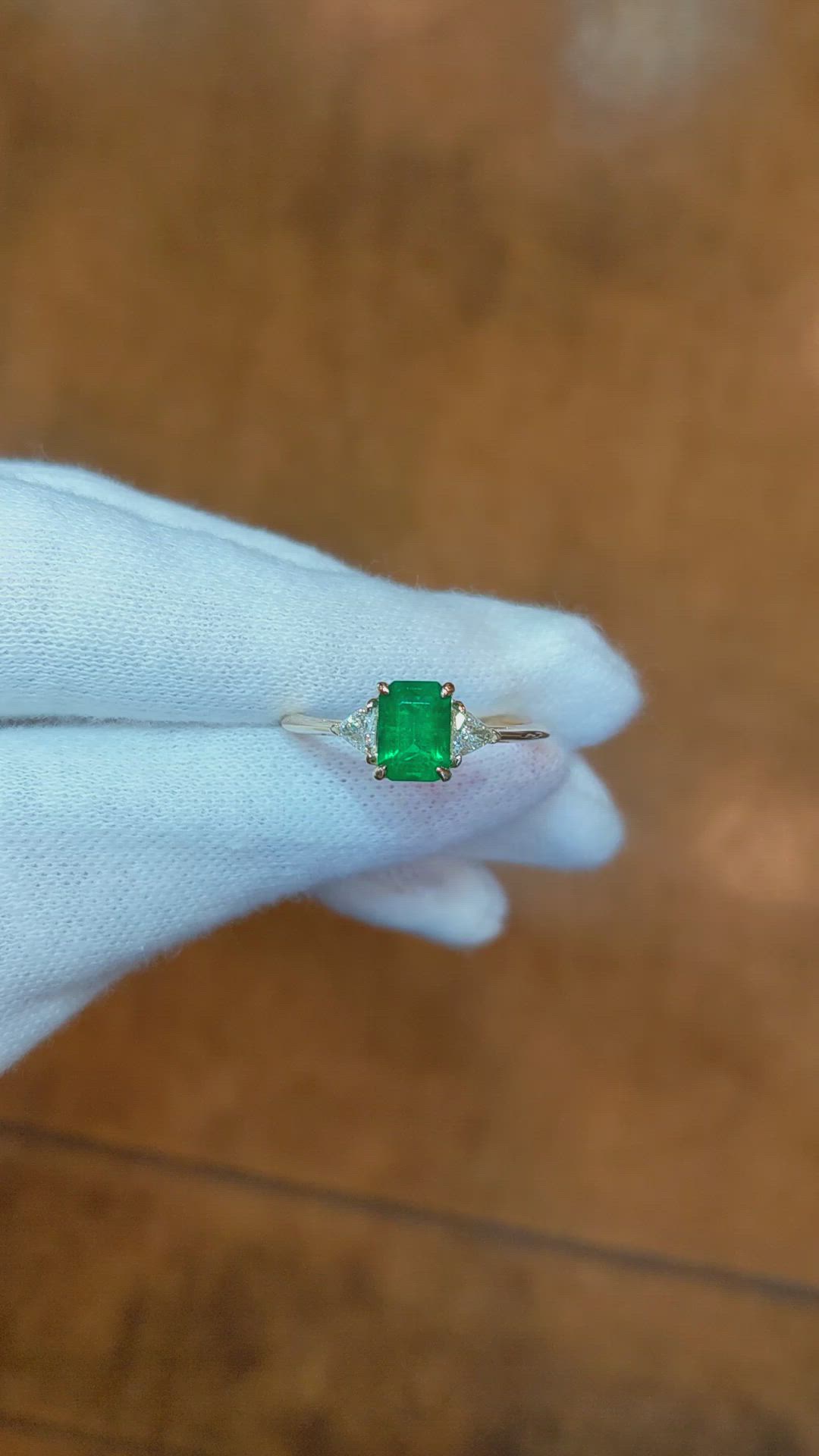 0.83 Ct. Emerald Natural Diamond Three Stone Ring, 14K Yellow Gold Size Video