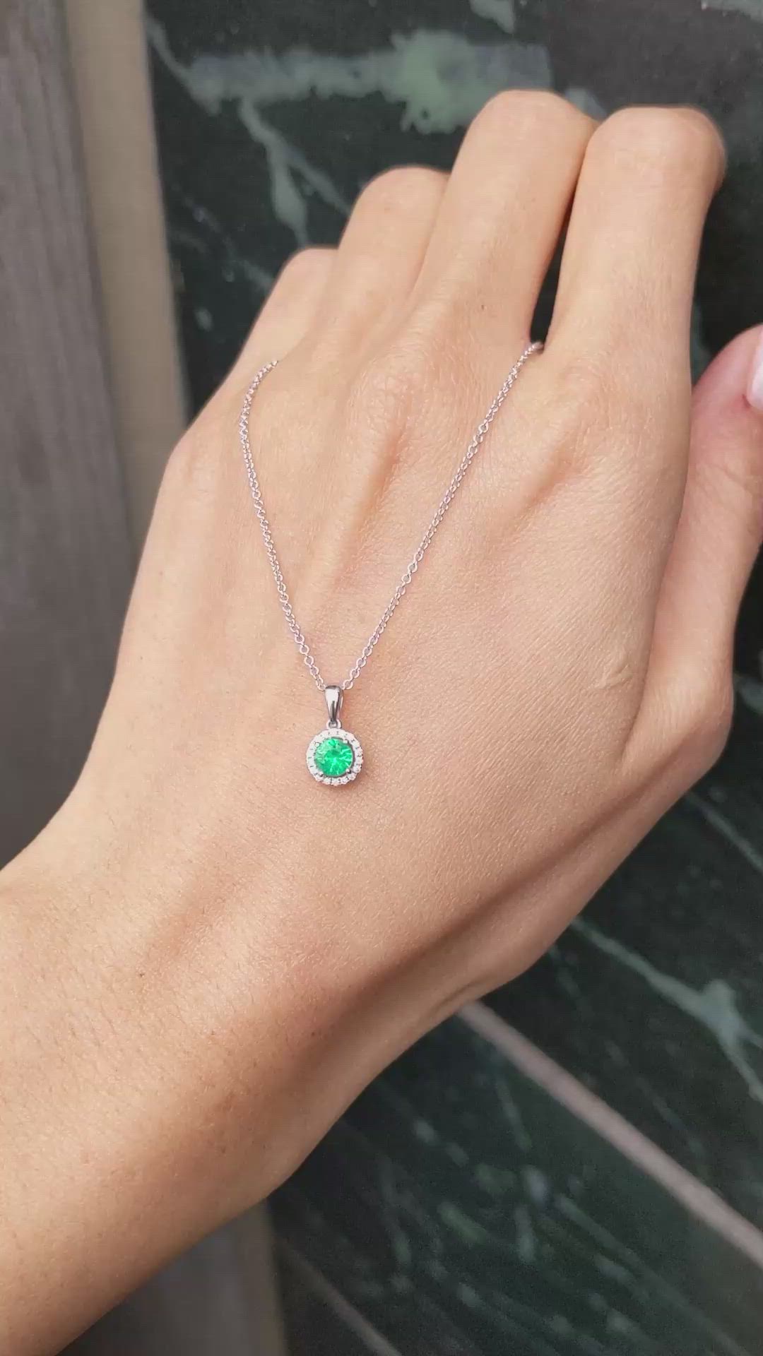 0.30 Ct. Emerald and Colorless Natural Diamond Pave Pendant, 18K White Gold Size Video