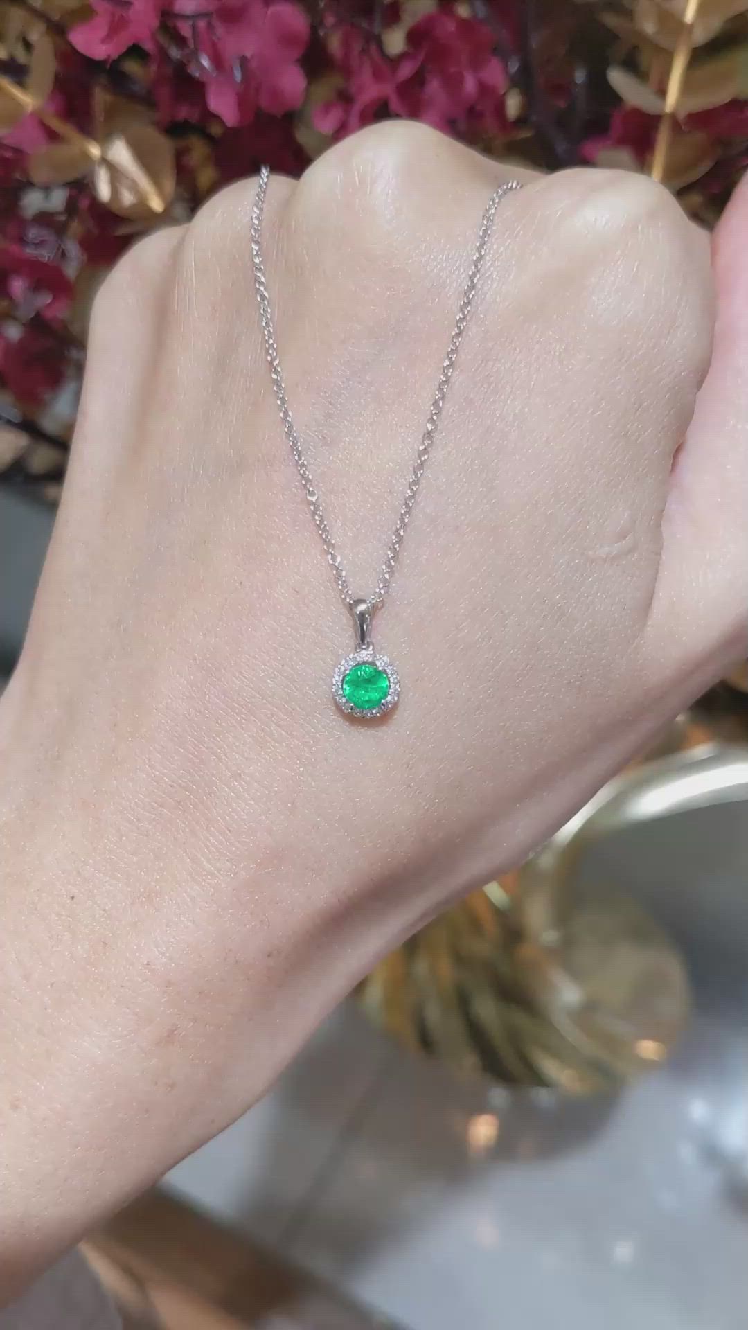 0.30 Ct. Emerald and Colorless Natural Diamond Pave Pendant, 18K White Gold Size Video