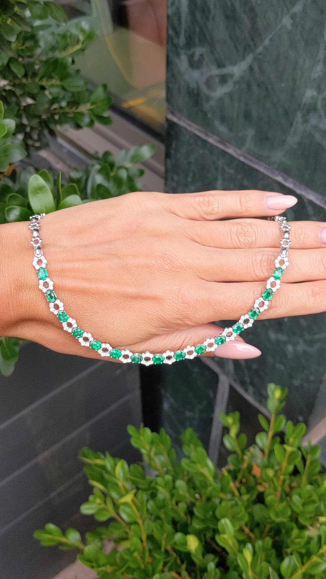4.65 Ct. Emerald and Natural Diamond Accent Stones Necklace, 18K White Gold Size Video