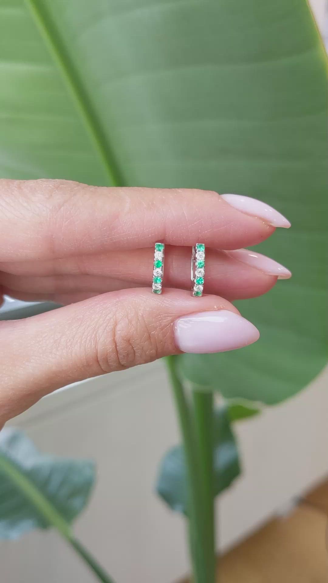 0.17&nbsp;Ct.Tw.Total Carat Weight Emerald and Natural Diamond Hoops Earrings, 14K White Gold Size Video