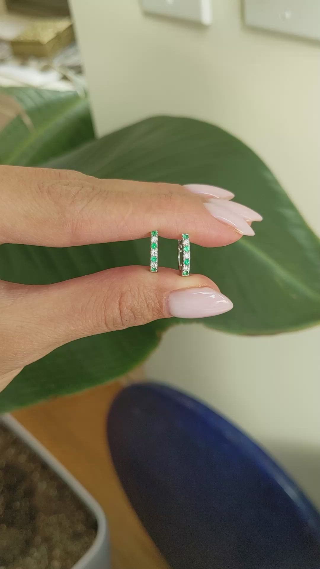 0.17&nbsp;Ct.Tw.Total Carat Weight Emerald and Natural Diamond Hoops Earrings, 14K White Gold Size Video