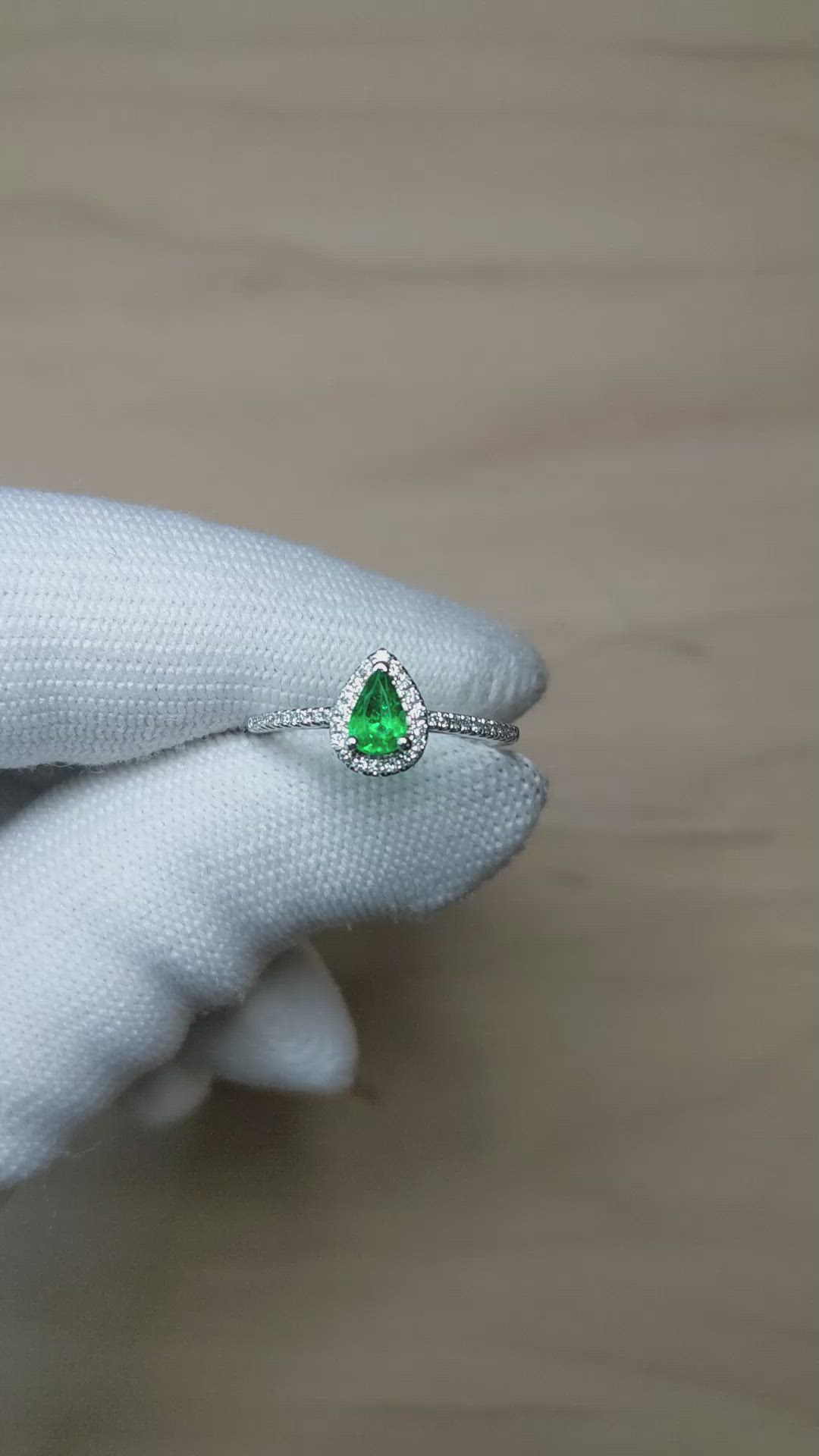 0.35 Ct. Emerald and Natural Diamond Pave Ring, 18K White Gold Size Video