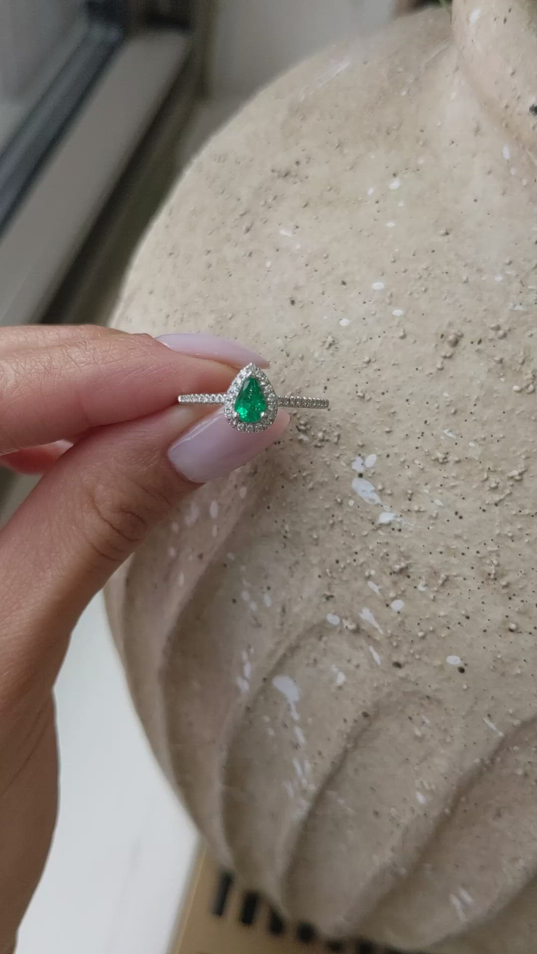 0.35 Ct. Emerald and Natural Diamond Pave Ring, 18K White Gold Size Video