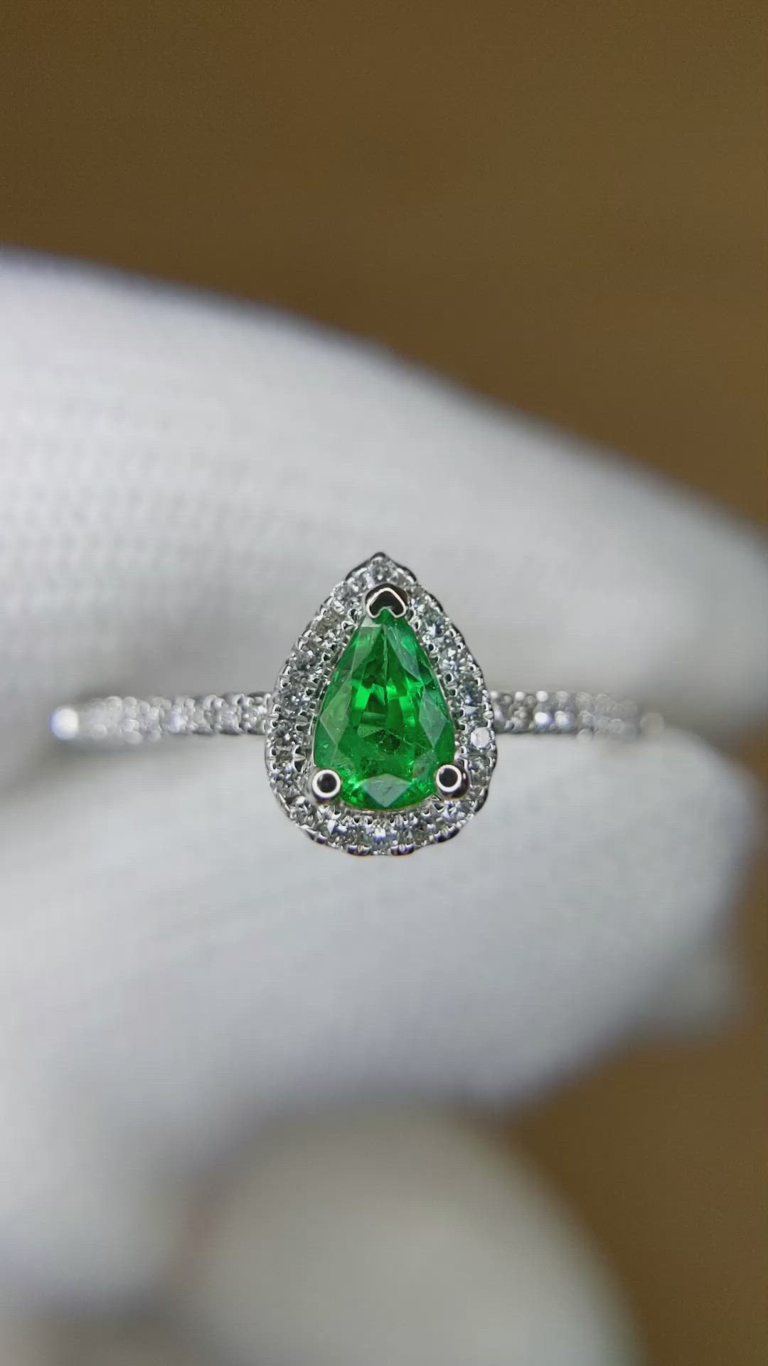 0.35 Ct. Emerald and Natural Diamond Pave Ring, 18K White Gold Size Video