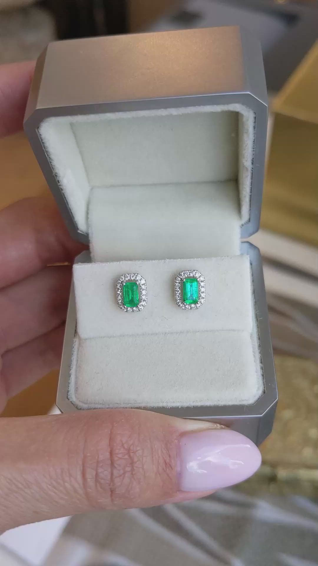 0.50&nbsp;Ct.Tw.Total Carat Weight Emerald and Natural Diamond Studs Earrings, 18K White Gold Size Video