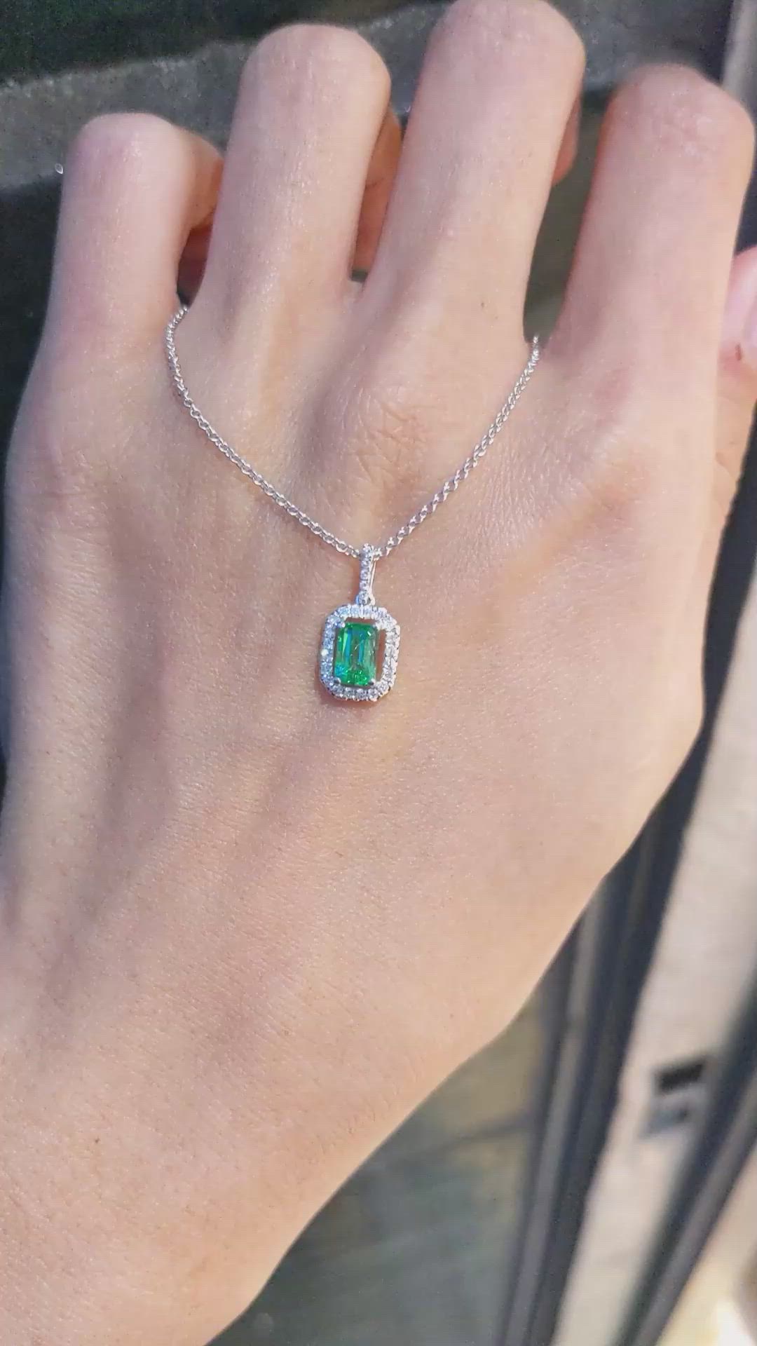 0.50 Ct. Emerald and Natural Diamond Pave Pendant, 18K White Gold Size Video