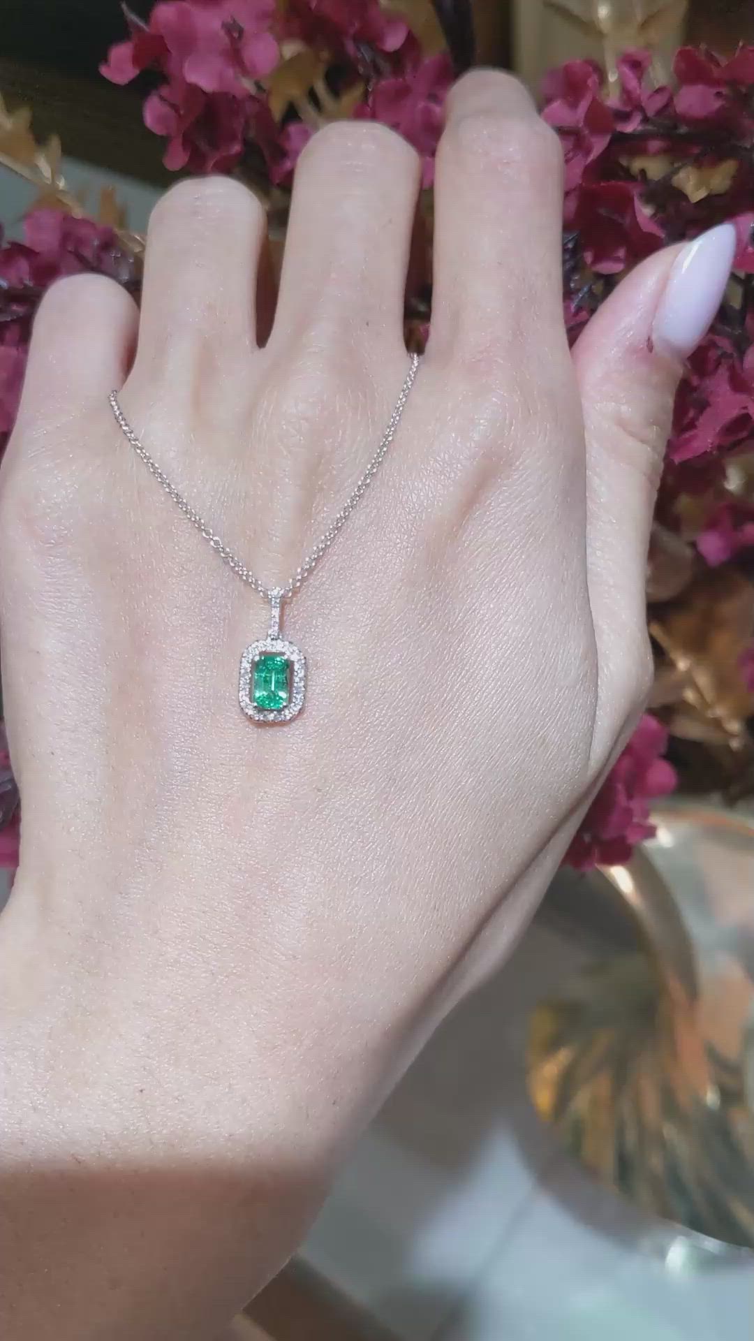 0.50 Ct. Emerald and Natural Diamond Pave Pendant, 18K White Gold Size Video