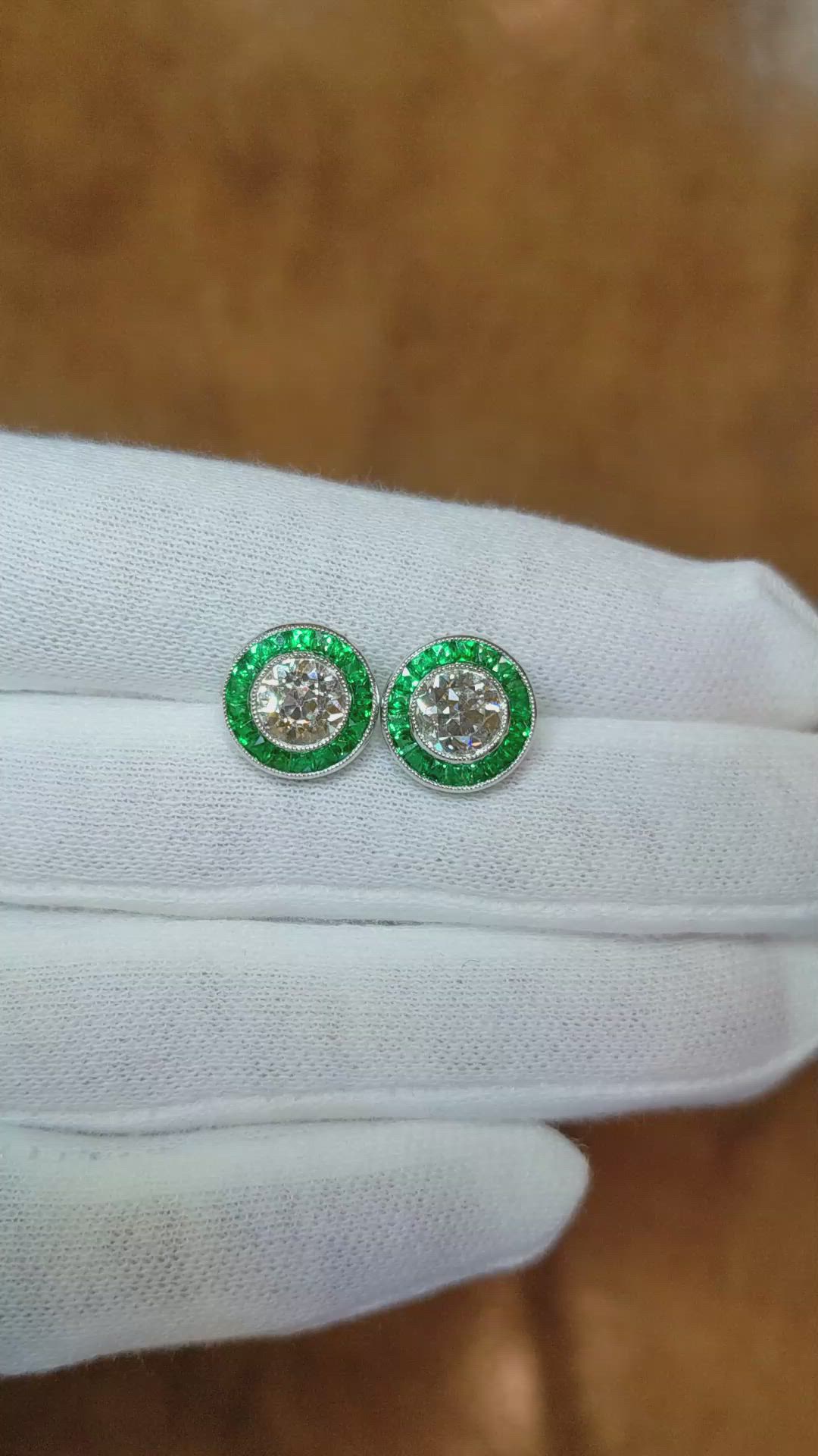 0.89 Ct.Tw. Emerald Natural Diamond Pave Earrings, Platinum 950 Size Video