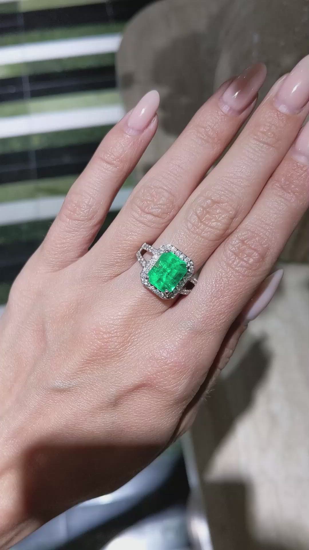 3.72 Ct. Emerald and Natural Diamond Pave Ring, 18K White Gold Size Video