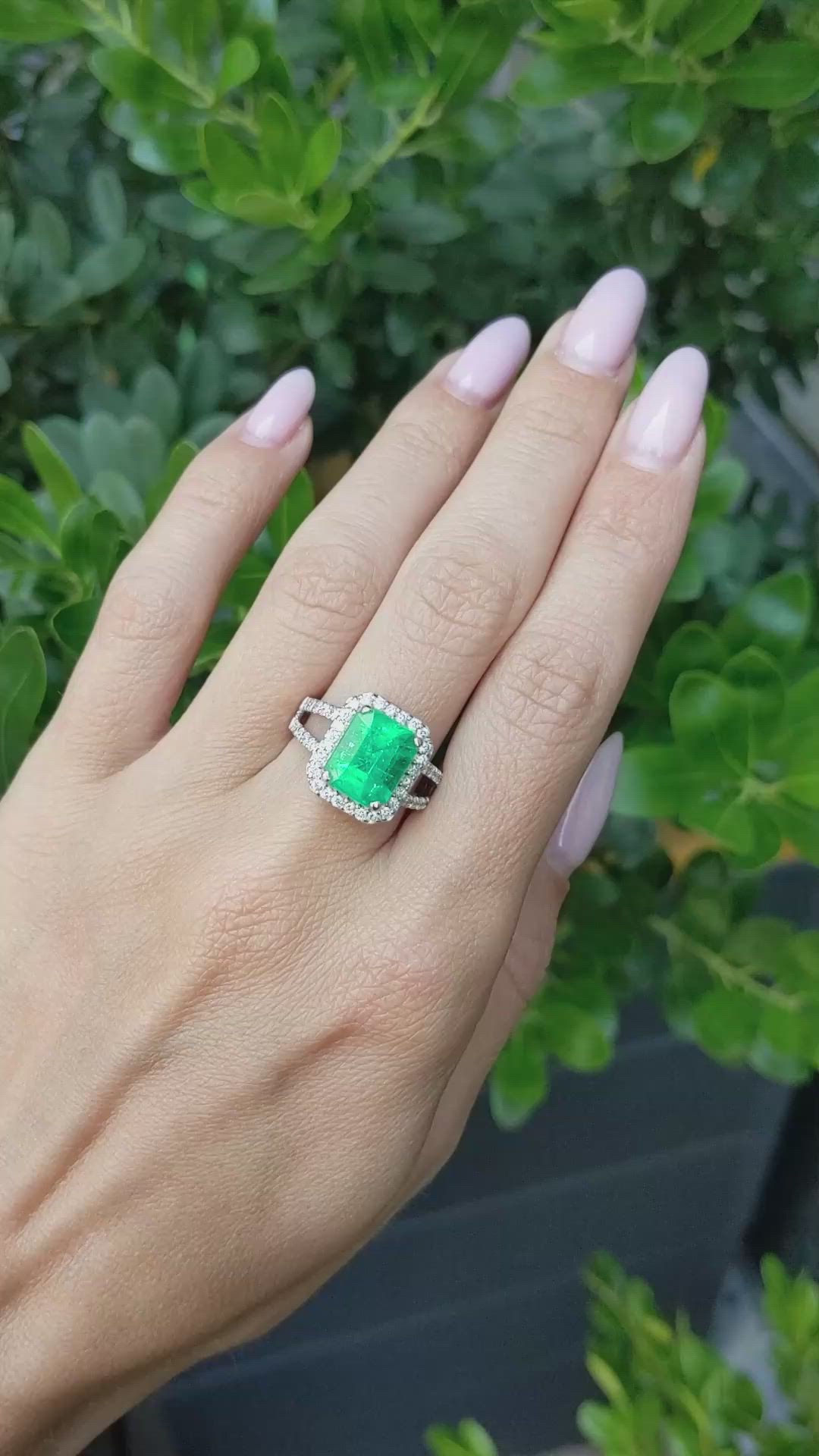 3.72 Ct. Emerald and Natural Diamond Pave Ring, 18K White Gold Size Video