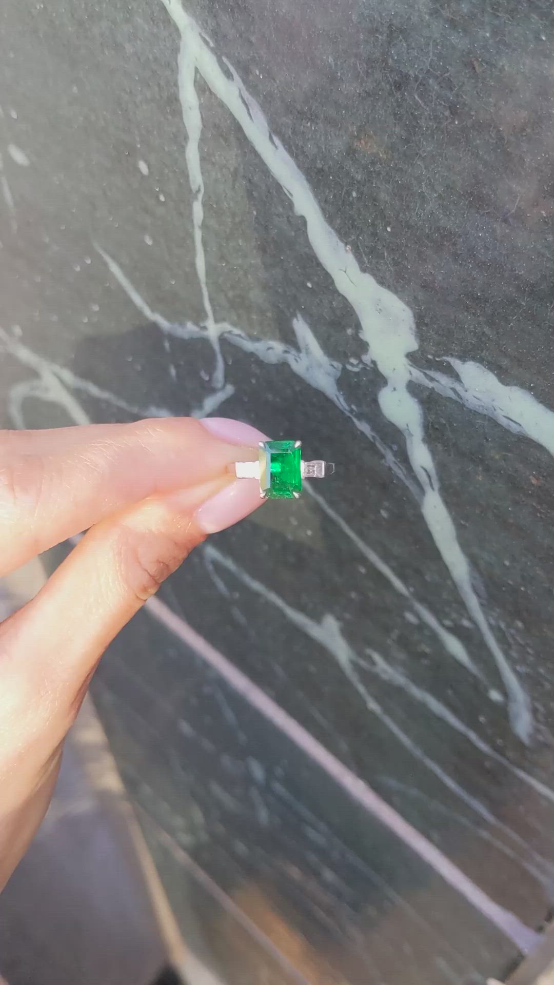 2.10 Ct. Emerald and Natural Diamond Three Stone Ring, 18K White Gold Size Video