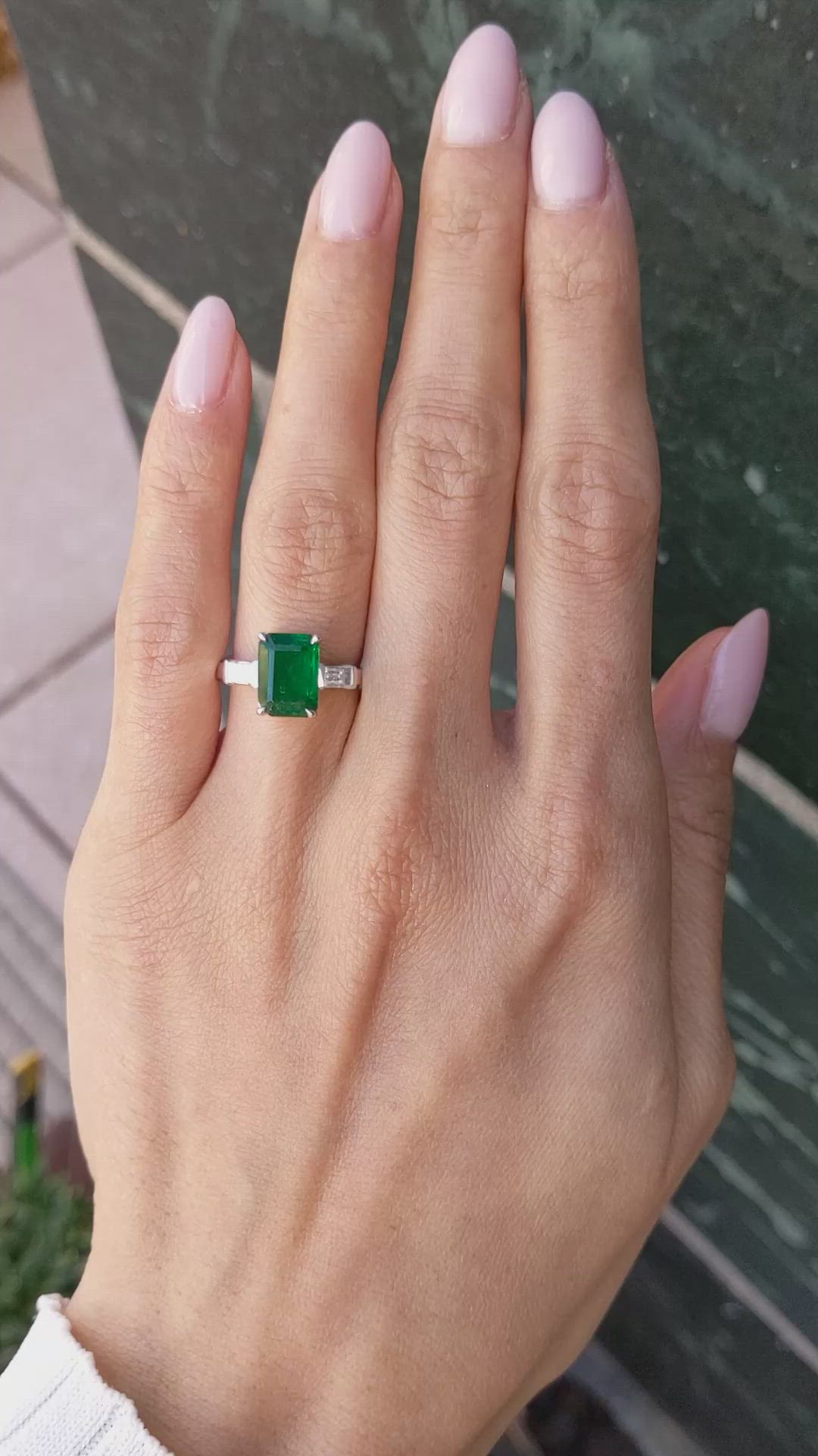 2.10 Ct. Emerald and Natural Diamond Three Stone Ring, 18K White Gold Size Video