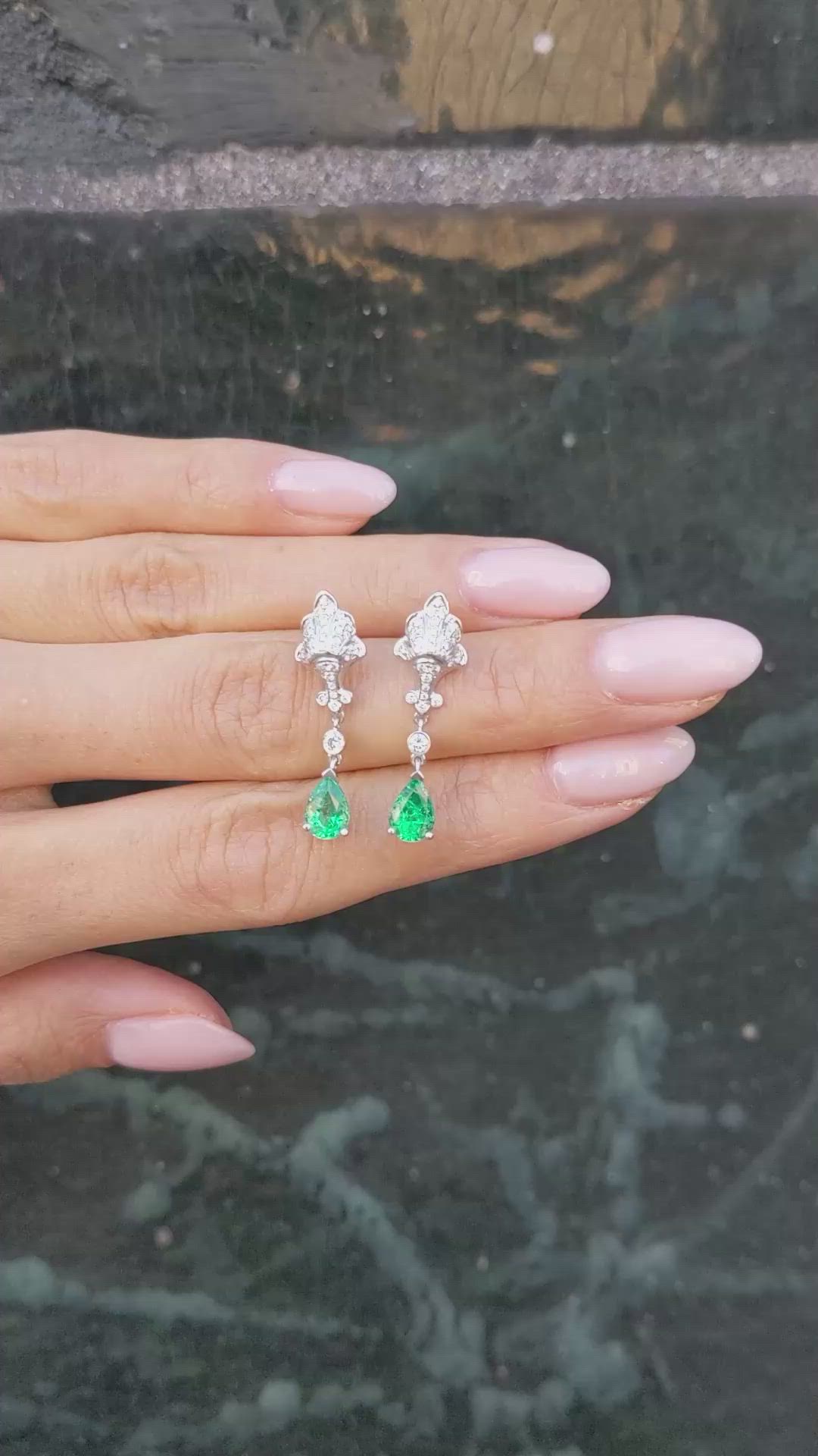 1.30&nbsp;Ct.Tw.Total Carat Weight Emerald and Natural Diamond Pave Earrings, 14K White Gold Size Video