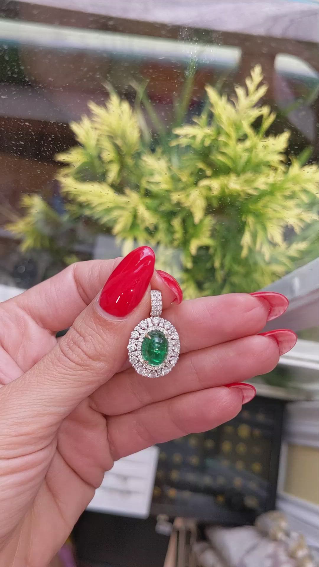 3.32 Ct. Emerald and Natural Diamond Pave Pendant, 14K Yellow Gold Size Video