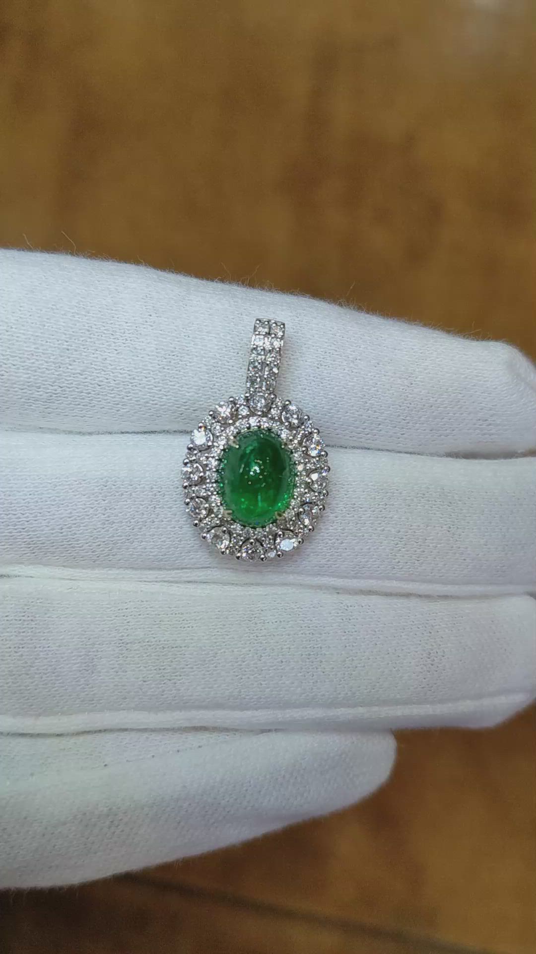 3.32 Ct. Emerald and Natural Diamond Pave Pendant, 14K Yellow Gold Size Video