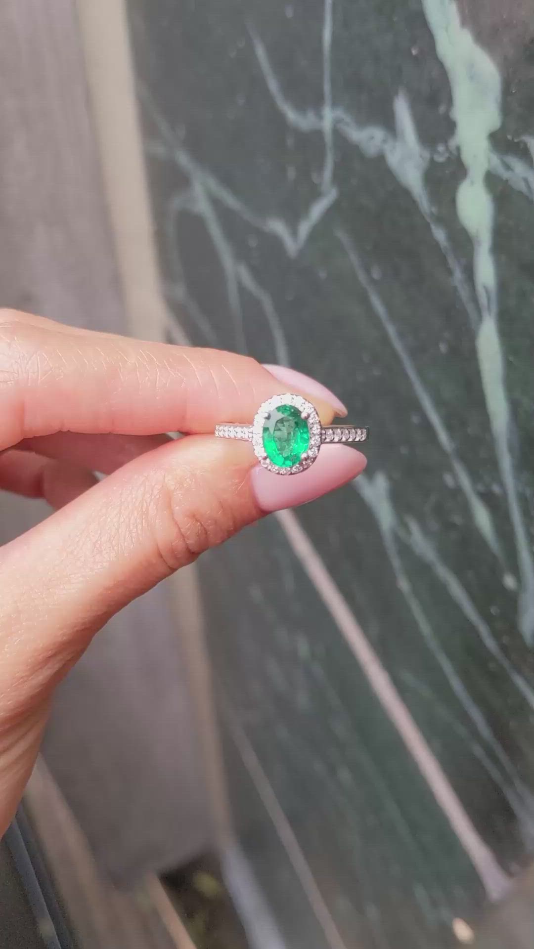 1.11 Ct. Emerald and Natural Diamond Pave Ring, 14K White Gold Size Video