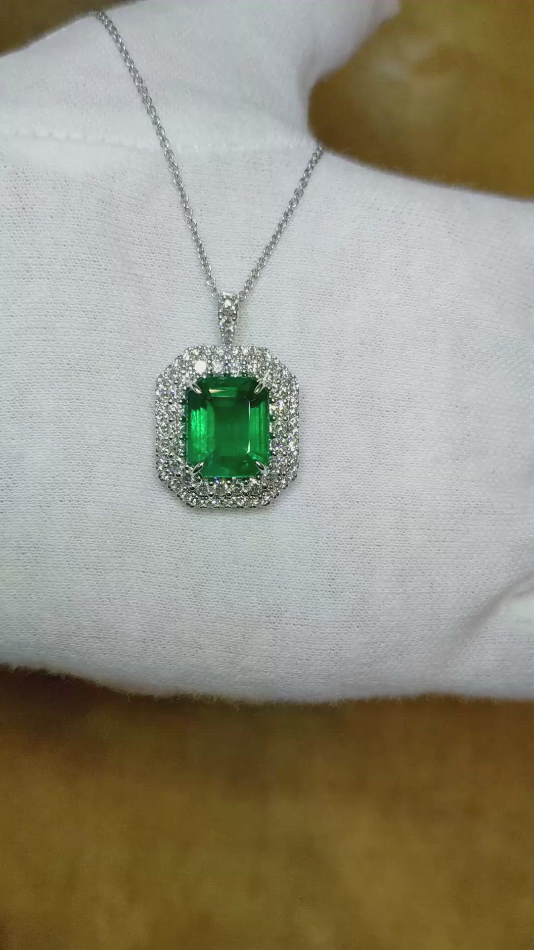 6.16 Ct. Emerald and Natural Diamond Pave Pendant, 18K White Gold Size Video