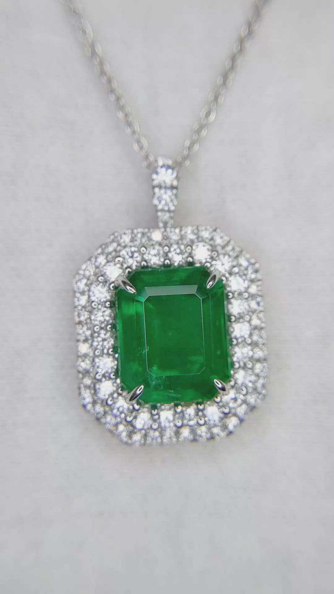 6.16 Ct. Emerald and Natural Diamond Pave Pendant, 18K White Gold Size Video