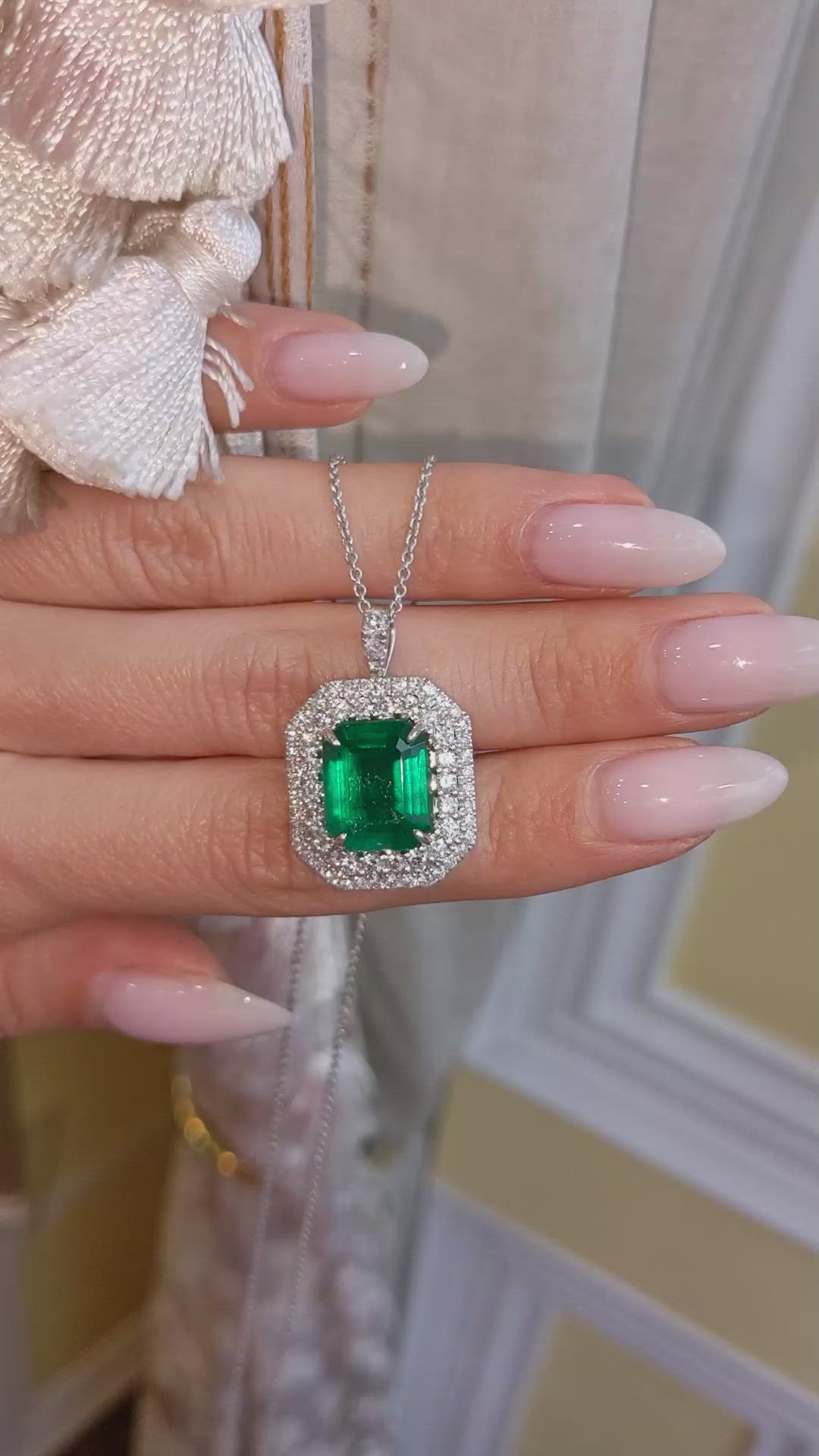 6.16 Ct. Emerald and Natural Diamond Pave Pendant, 18K White Gold Size Video
