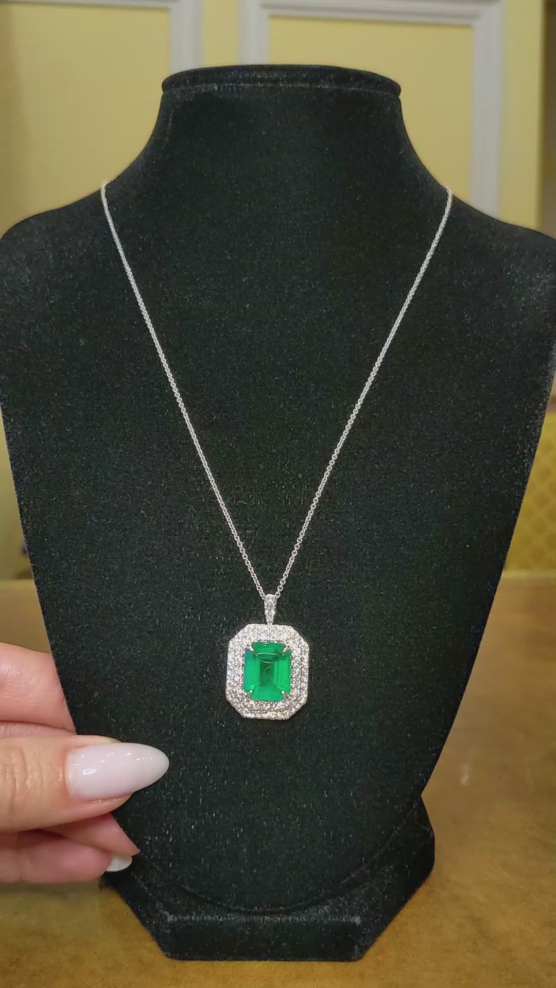 6.16 Ct. Emerald and Natural Diamond Pave Pendant, 18K White Gold Size Video