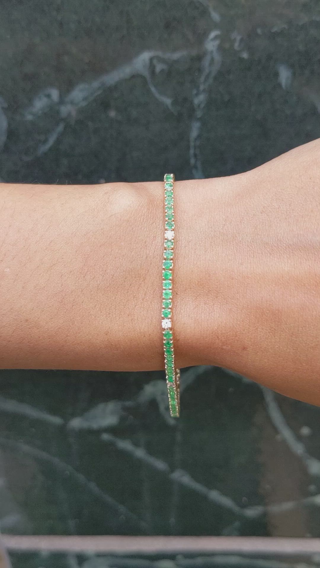 2.31 Ct.Tw.Total Carat Weight Emerald and Natural Diamond Tennis/Line Bracelet, 14K Yellow Gold Size Video