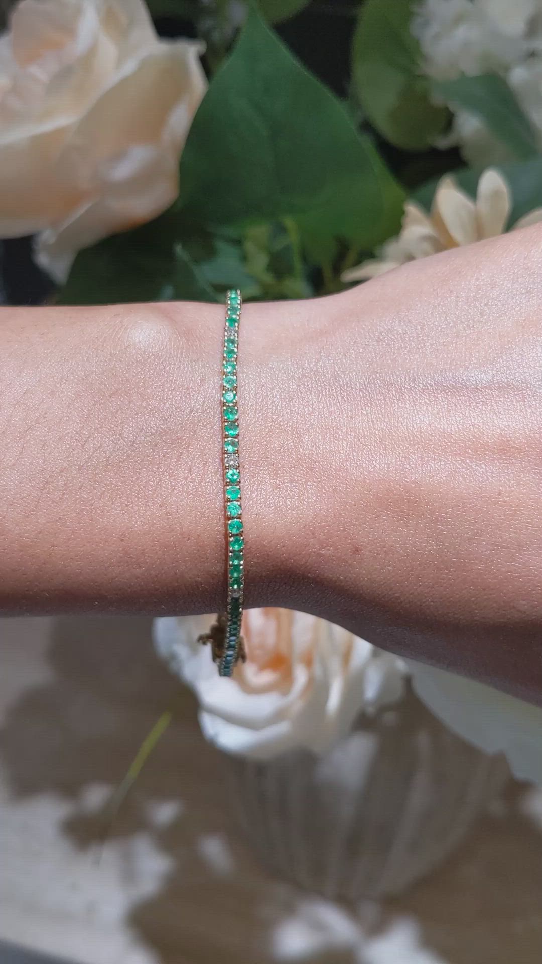 2.31 Ct.Tw.Total Carat Weight Emerald and Natural Diamond Tennis/Line Bracelet, 14K Yellow Gold Size Video